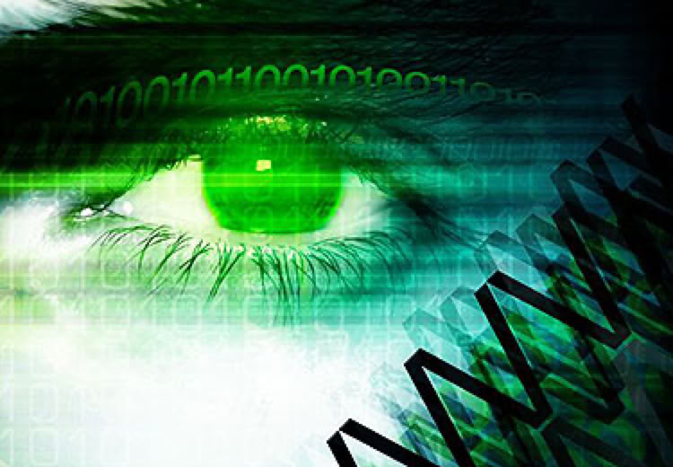 A digitally altered image of a green eye with abstract lines and patterns overlaying the image.